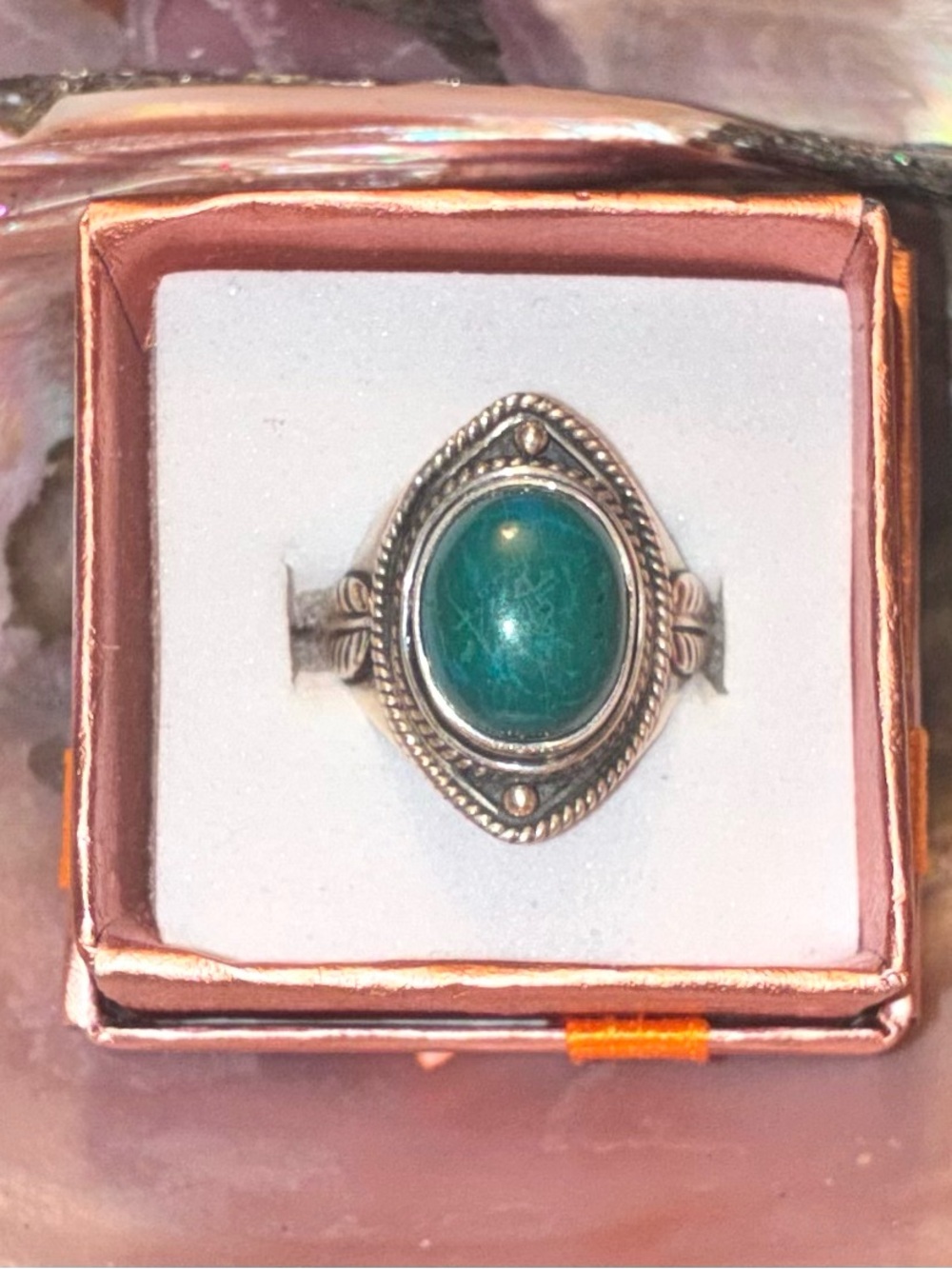 Solid Sterling Silver Ring with Teal/Green Turquoise Oval Stone